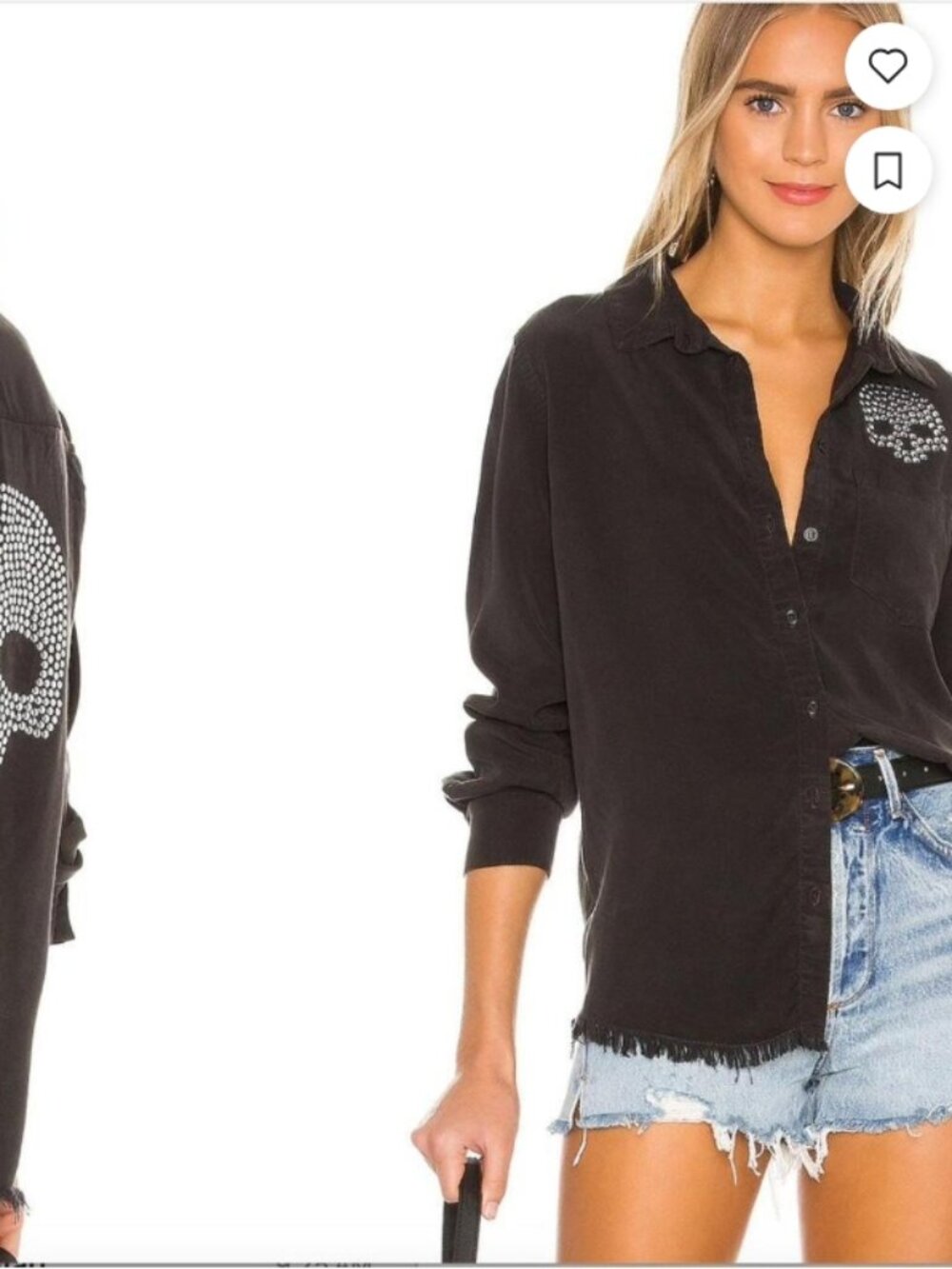 Lauren Moshi Sloane Nailedhead Black skull button denim up shirt with rhinestone